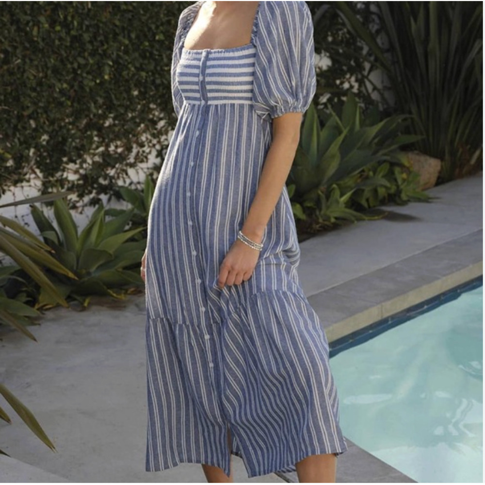 EMERSON FRY NWT Love Tomas Santiago Maxi Dress in Chambray Stripe // M/L